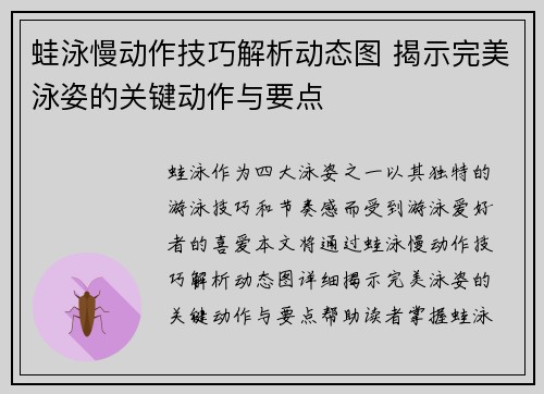 蛙泳慢动作技巧解析动态图 揭示完美泳姿的关键动作与要点